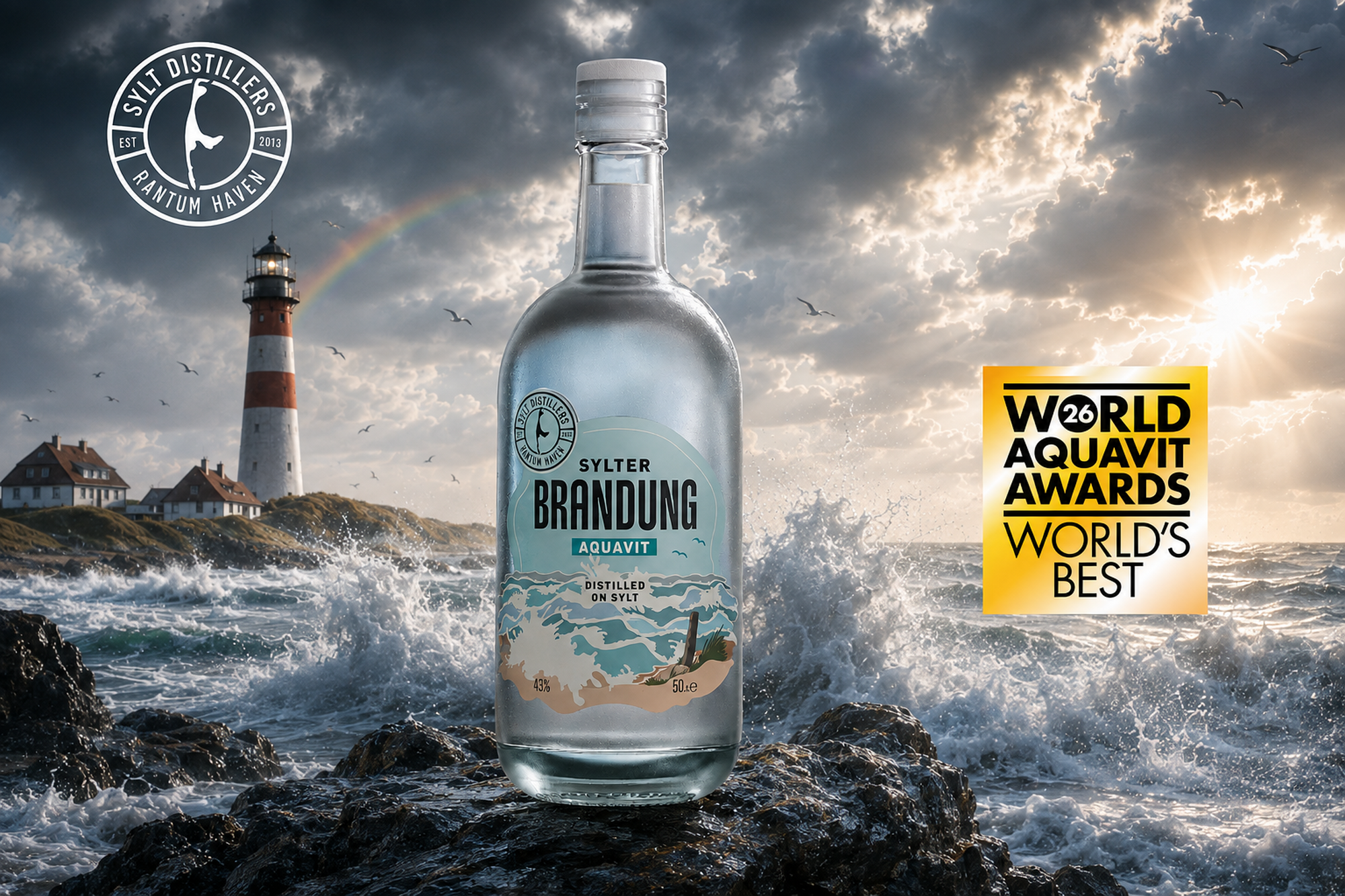 Sylter BRANDUNG Aquavit mit World’s-Best-Aquavit-Siegel vor einer Sylter Küstenkulisse