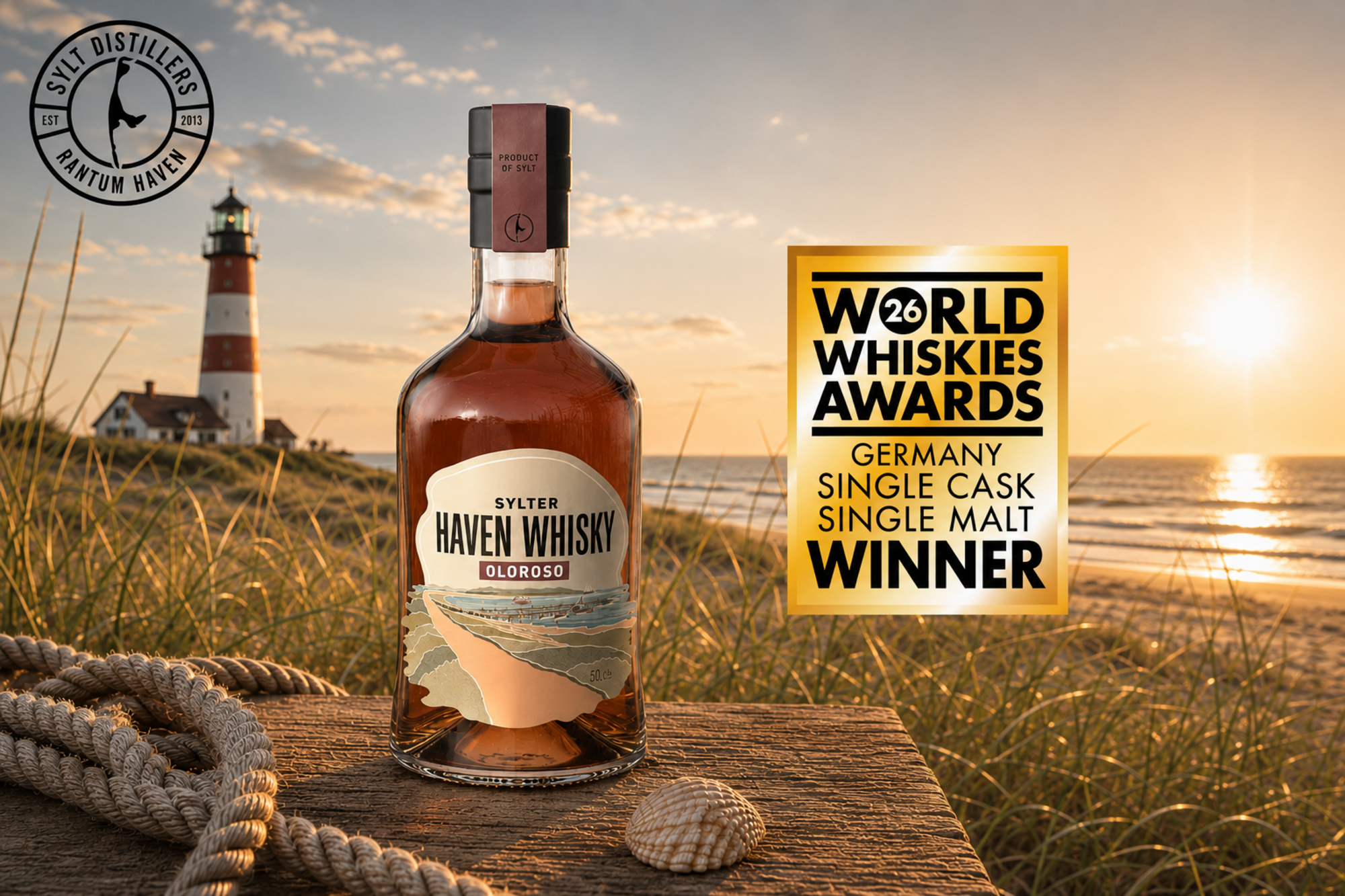 Sylter HAVEN Whisky mit Auszeichnung als Best German Single Cask Single Malt vor einer Küstenkulisse