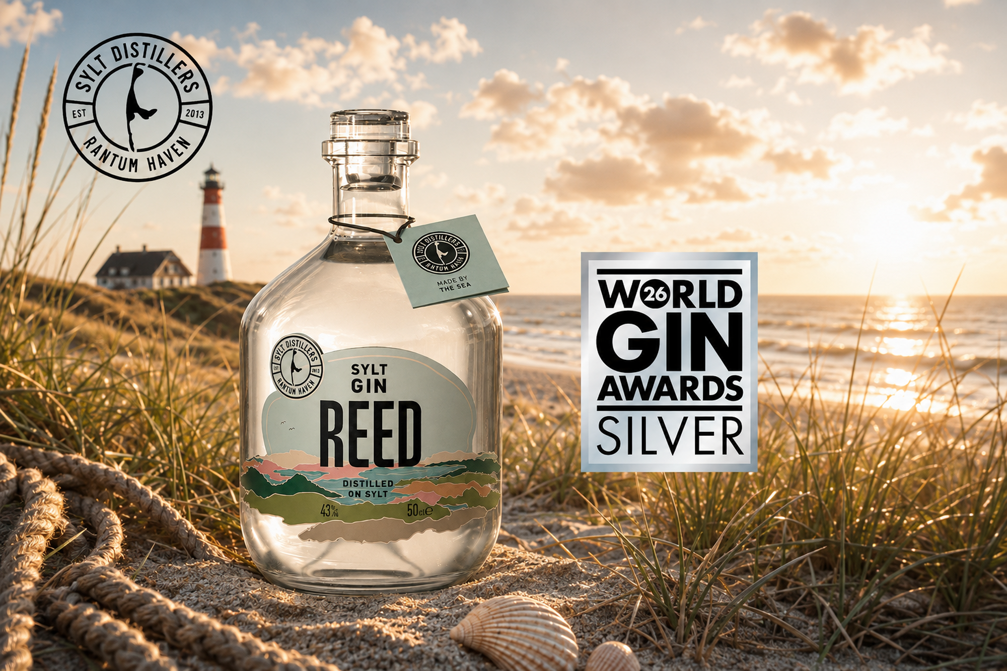 Sylter REED Sloe Gin mit Gold-Siegel der World Gin Awards 2026 am Strand