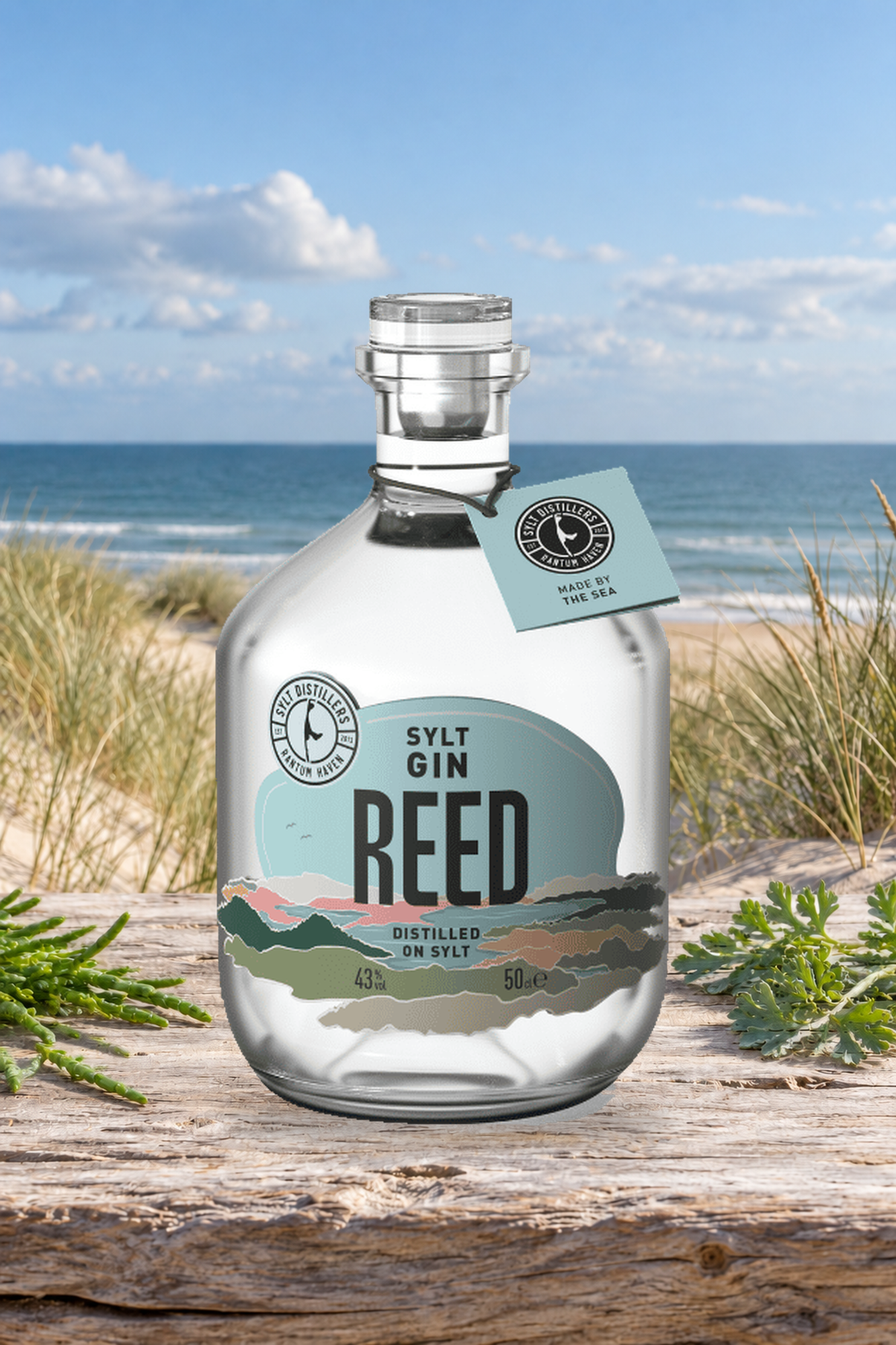 REED-Gin-Flasche auf einer Holzfläche mit grünen Kräutern, Dünen und Meer im Hintergrund.